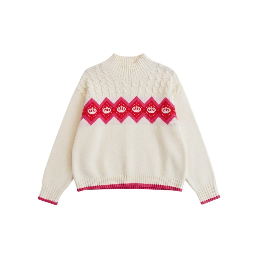 Juicy by Juicy Couture Sweater Women XL Cream Pink Fair Isle Crown Mock Neck Y2K